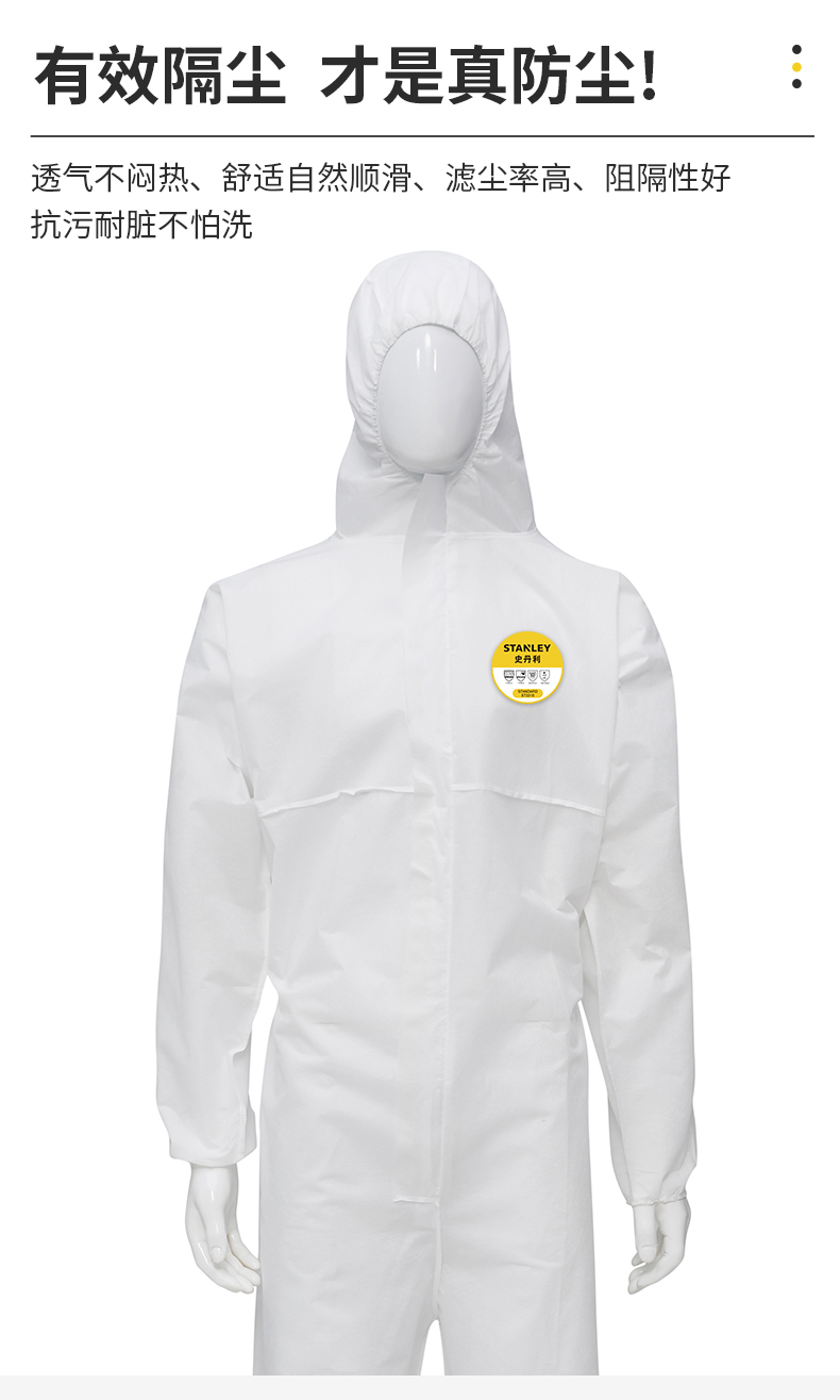 STANLEY史丹利ST3310白色SMS帶膠條防塵靜電連體防護服4